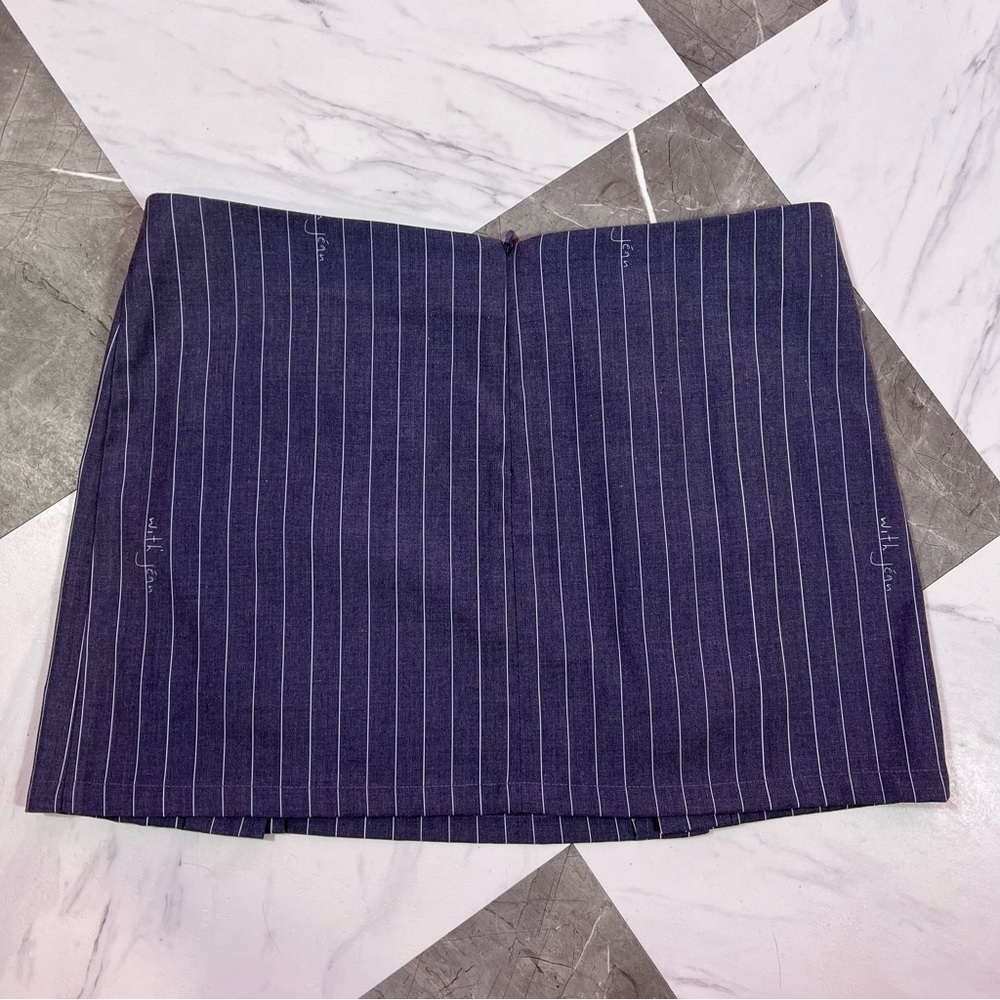 With Jean Navy Pinstripe Mini Skirt with Safety Pin Accents - Picture 3 of 5